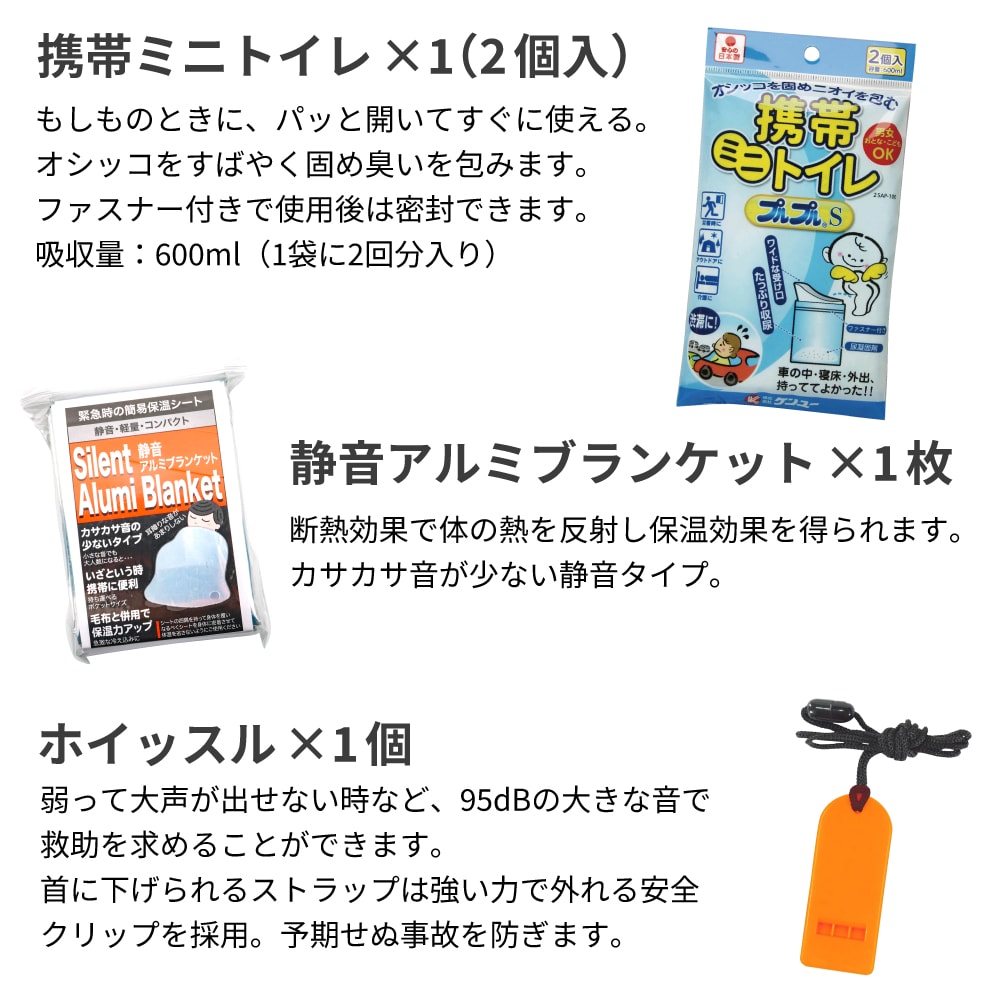 携帯ミニトイレ:もしものときに、パッと開いてすぐに使える。オシッコをすばやく固め臭いを包みます。ファスナー付きで使用後は密封できます。吸収量:600ml(1袋に2回分入り) 静音アルミブランケット:断熱効果で体の熱を反射し保温効果を得られます。カサカサ音が少ない静音タイプ。 ホイッスル:弱って大声が出せない時など、95dBの大きな音で救助を求めることができます。首に下げられるストラップは強い力で外れる安全クリップを採用。予期せぬ事故を防ぎます。