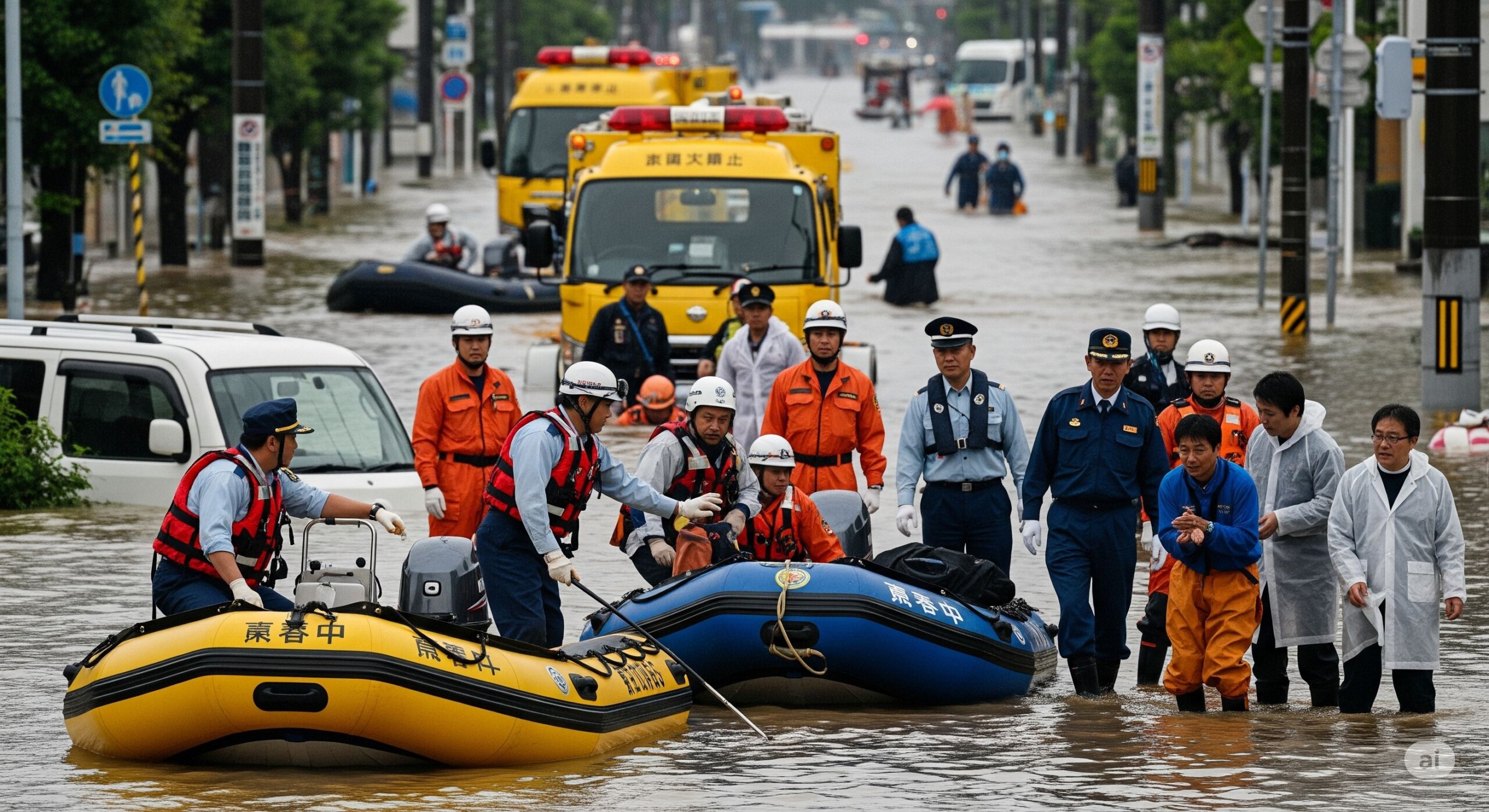 警察、消防、地方自治体など関係機関が連携して対応にあたる様子