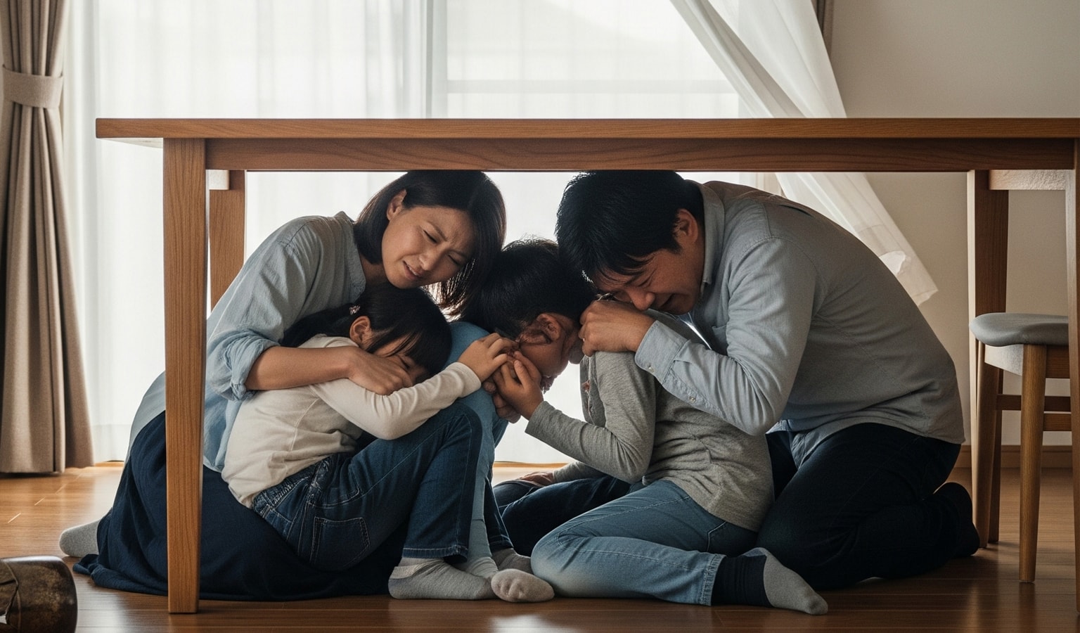 屋内で地震が発生したら丈夫なテーブルの下などに隠れてください