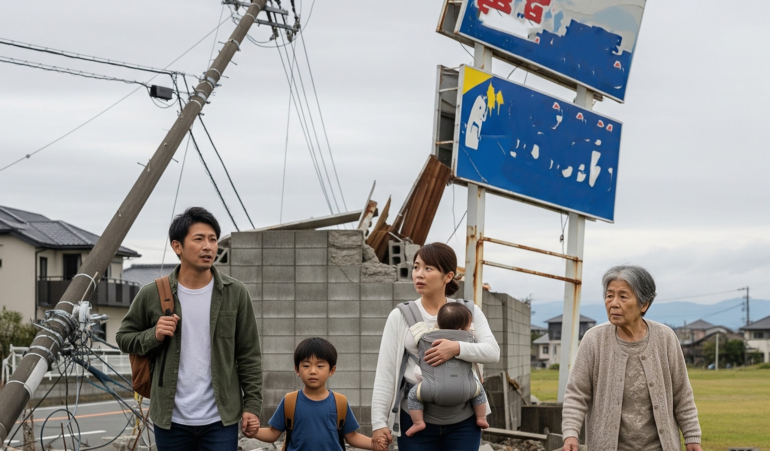 屋外で地震が発生したら看板・門柱・ガラスなど落下物に注意しつつ倒壊のあるものから離れる。