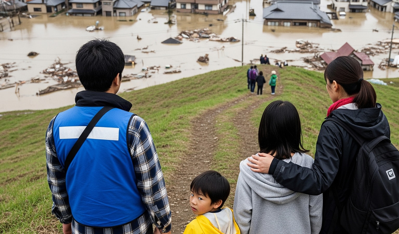 津波が発生したら、自宅が津波・浸水範囲にある場合、速やかに高台や3階以上の建物に避難する。