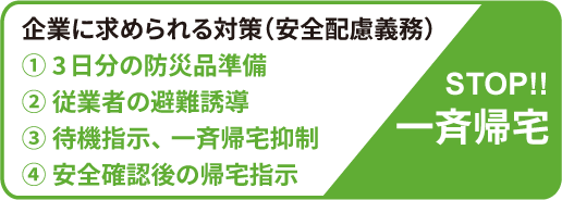 大規模地震の発生に伴うガイドライン【内閣府（防災担当）】 ・3日間の防災品準備 ・従業者の避難誘導 ・待機指示、一斉帰宅抑制 ・安全確認後の帰宅指示